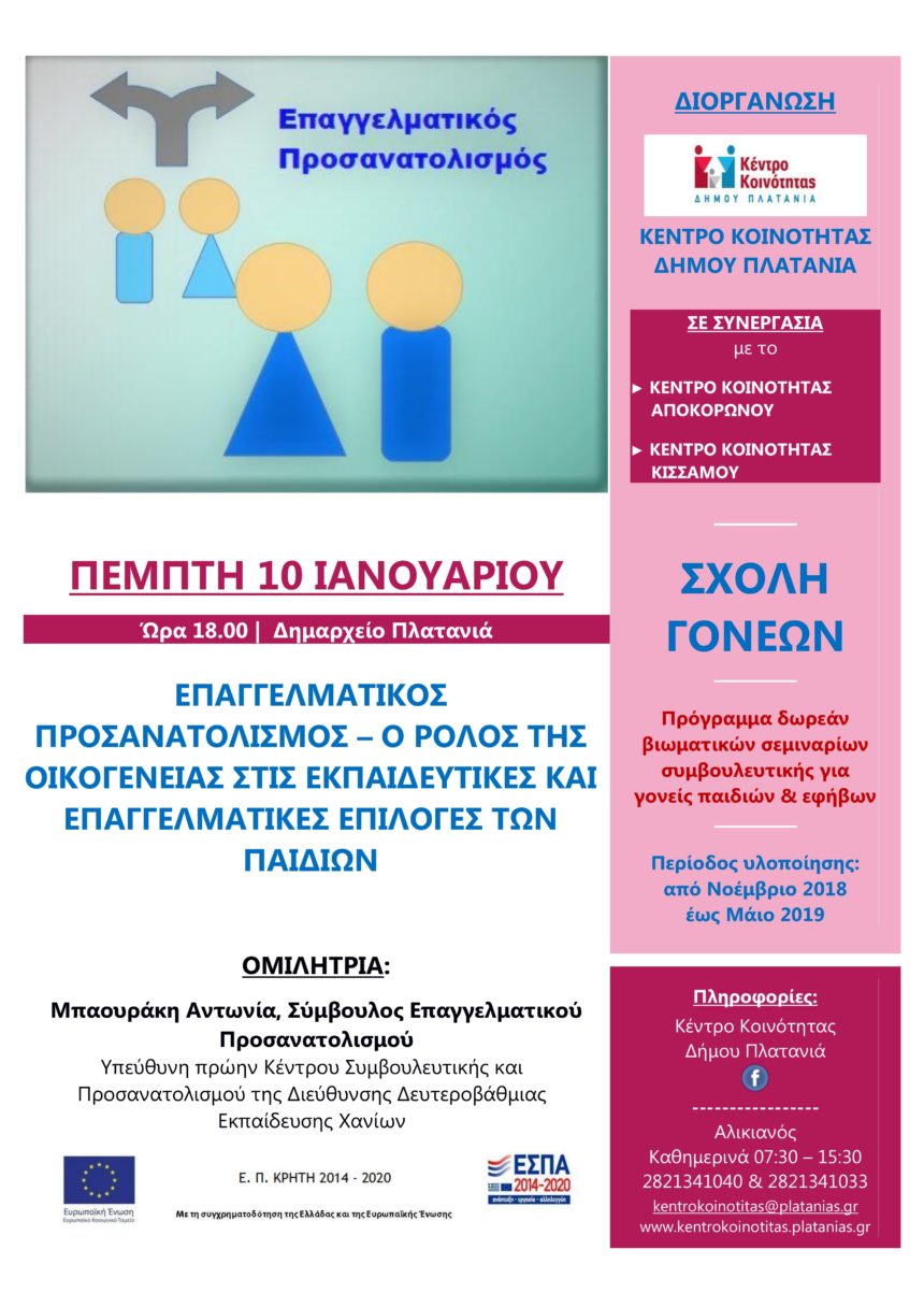Ημερίδα για τον Επαγγελματικό Προσανατολισμό παιδιών και εφήβων από το Κέντρο Κοινότητας Δ. Πλατανιά: Στο πλαίσιο  του διαδημοτικού προγράμματος «Σχολές Γονέων»